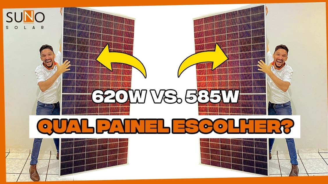 Capa do vídeo da Suno Solar comparando painéis solares de 620W e 585W