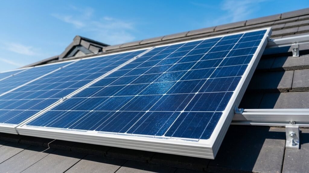 Placas solares monocristalinas instaladas em telhado residencial sob céu azul